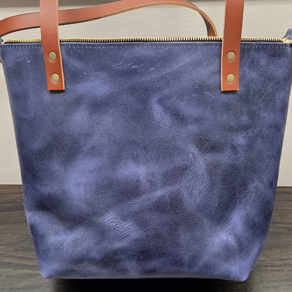 Portland Leather Navy Tote with Tan Straps - Picture 5 of 6